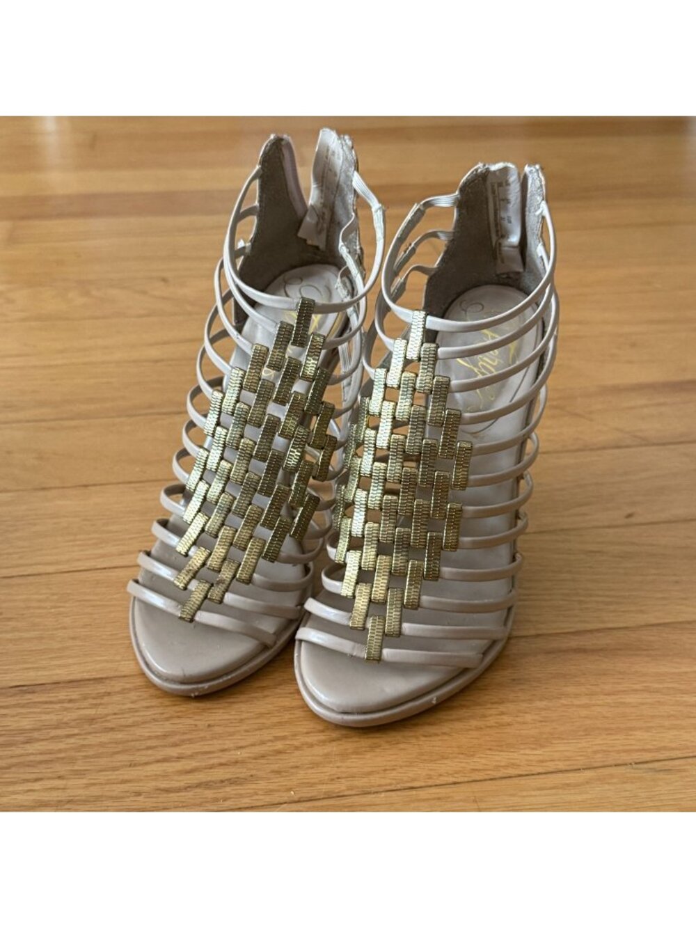 Fergie Gold/Tan/Mude Women's 6M Gladiator Beaded Style Zip Up Stiletto Pumps